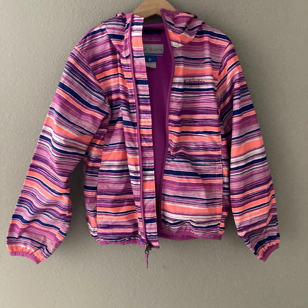 Columbia Pixel Grabber Lightweight Jacket Hood Stripes Pink Orange Blue M 10/12 - Picture 7 of 9